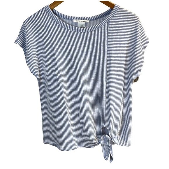 Caution to the Wind Blue White Seersucker Round Neck Tie Front Short Sleeve Top - Picture 1 of 6